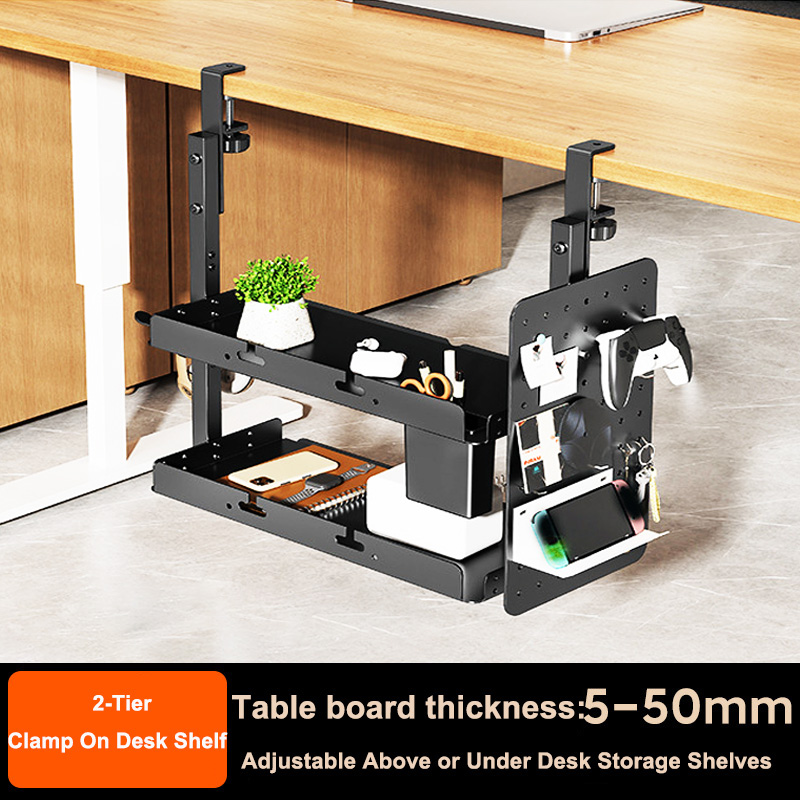 Gaming Accessories For Table - クランプ式14インチデスク上・下2段棚ユニット、テーブルアクセサリー、ゲーム機器、その他の収納トレイ、デスクトップオーガナイザー